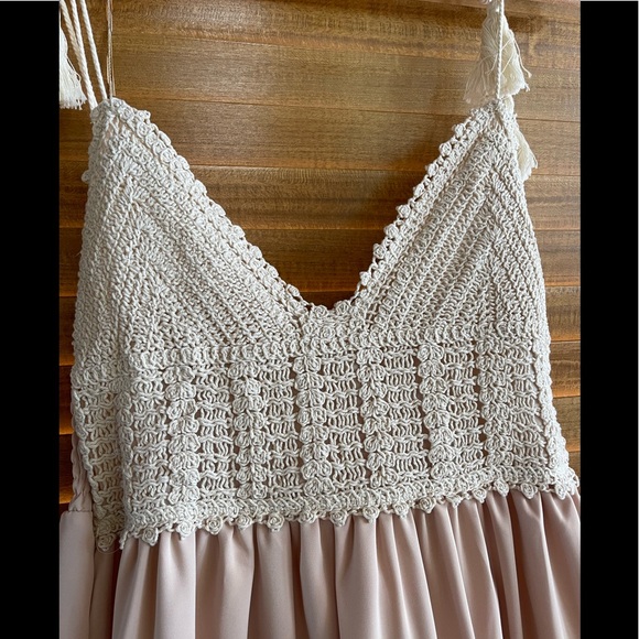 Blush Boho Summer Crochet Maxi, Tassel Adorned, Adjustable Tassel Tie Straps - Picture 6 of 13